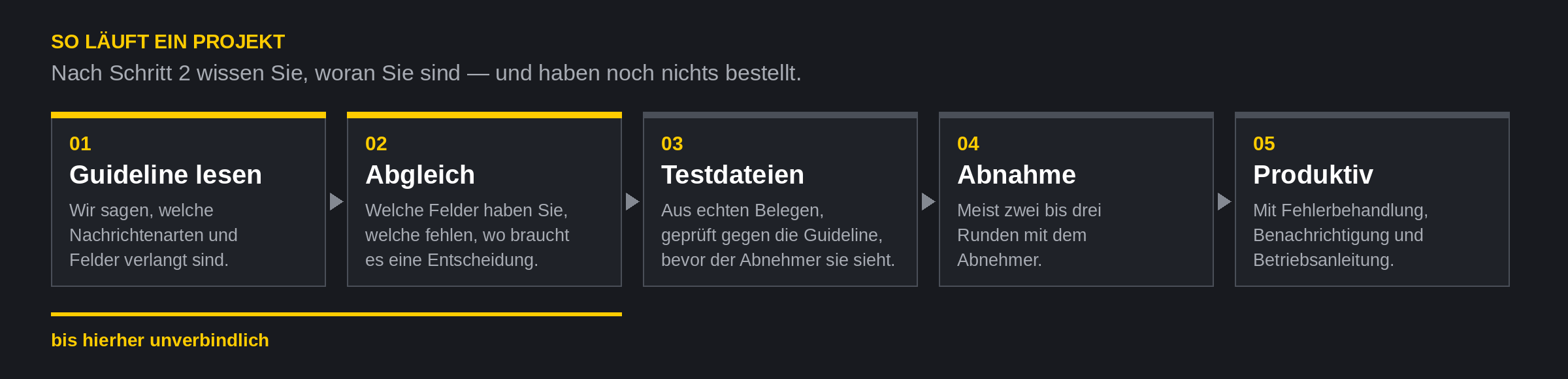 Fünf Schritte: Guideline lesen, Abgleich mit Ihren Daten, Testdateien, Abnahme, produktiv — die ersten beiden Schritte sind unverbindlich