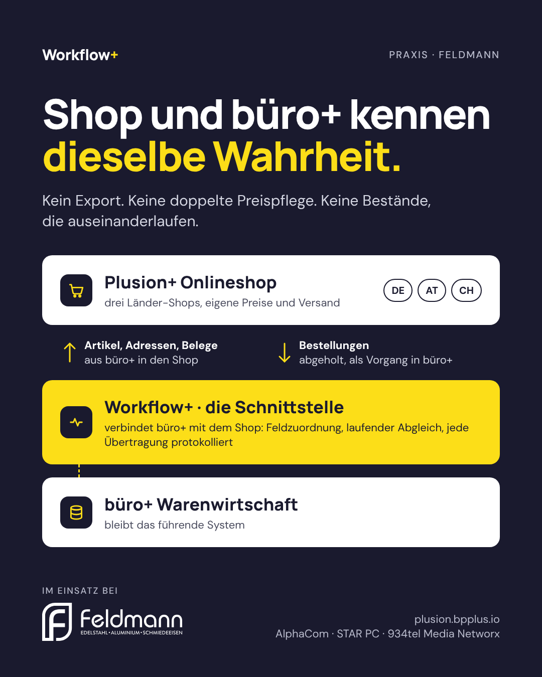 Datenfluss bei Feldmann: Plusion+ Onlineshop mit drei Länder-Shops, Workflow+ als Schnittstelle, büro+ als führendes System